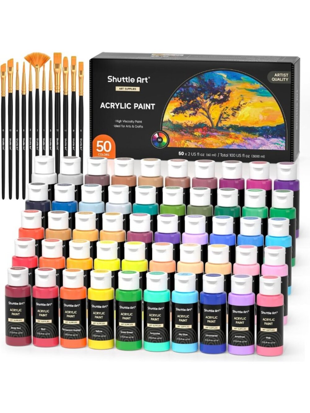Vibrant 50 Color Acrylic Paint Set - 2oz Bottles, Waterproof, Rich Pigments for
